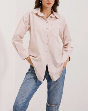 20217 Cep Detaylı Çizgili Oversize Gömlek - Bej