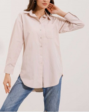 20217 Cep Detaylı Çizgili Oversize Gömlek - Bej