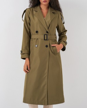 5941 Kruvaze Yaka Uzun Trençkot - Haki