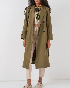 5941 Kruvaze Yaka Uzun Trençkot - Haki