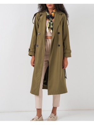 5941 Kruvaze Yaka Uzun Trençkot - Haki