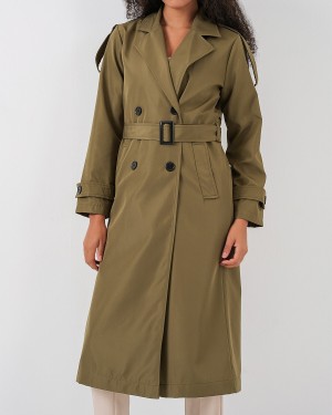 5941 Kruvaze Yaka Uzun Trençkot - Haki