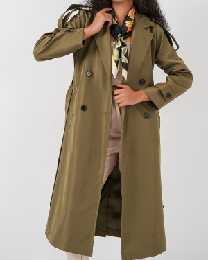 5941 Kruvaze Yaka Uzun Trençkot - Haki