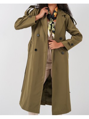 5941 Kruvaze Yaka Uzun Trençkot - Haki