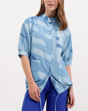 20226 Desenli Oversize Gömlek - Mavi