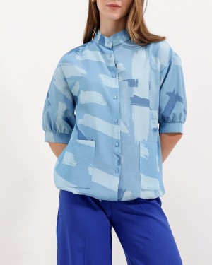 20226 Desenli Oversize Gömlek - Mavi