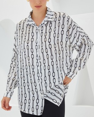 Kadın Siyah Beyaz Desenli Oversize Saten Gömlek 3985