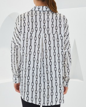 Kadın Siyah Beyaz Desenli Oversize Saten Gömlek 3985