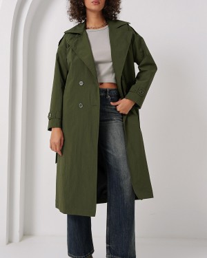 5936 Kruvaze Yaka Trençkot - Haki