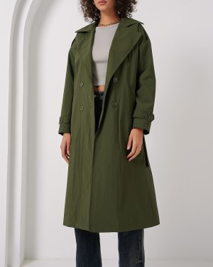 5936 Kruvaze Yaka Trençkot - Haki