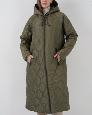 5177 Kapüşonlu Uzun Kapitone Mont - Haki