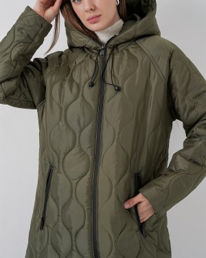 5177 Kapüşonlu Uzun Kapitone Mont - Haki