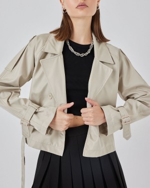 Kadın Kemerli Kısa Trençkot 5970 - Taş