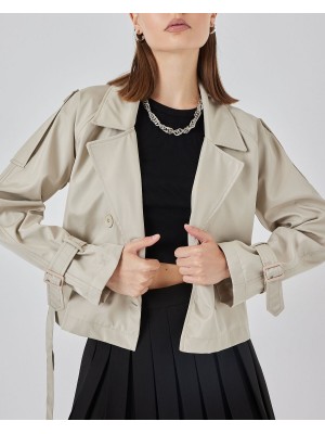 Kadın Kemerli Kısa Trençkot 5970 - Taş