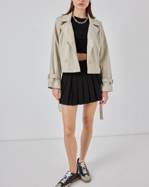 Kadın Kemerli Kısa Trençkot 5970 - Taş