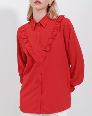 20223 Fırfırlı Uzun Kol Gömlek - Kırmızı