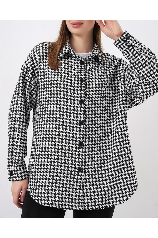 Kadın Kazayağı Desen Oversize Gömlek 3854 - Siyah - Beyaz