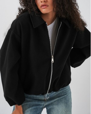 Kadın Büzgülü Oversize Kaşe Ceket 0728 - Siyah