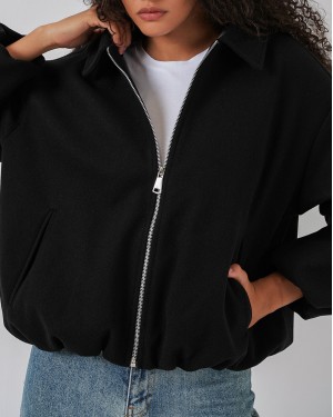 Kadın Büzgülü Oversize Kaşe Ceket 0728 - Siyah