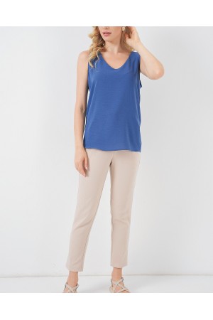V Yaka Sıfır Kol Bluz 950 - İndigo