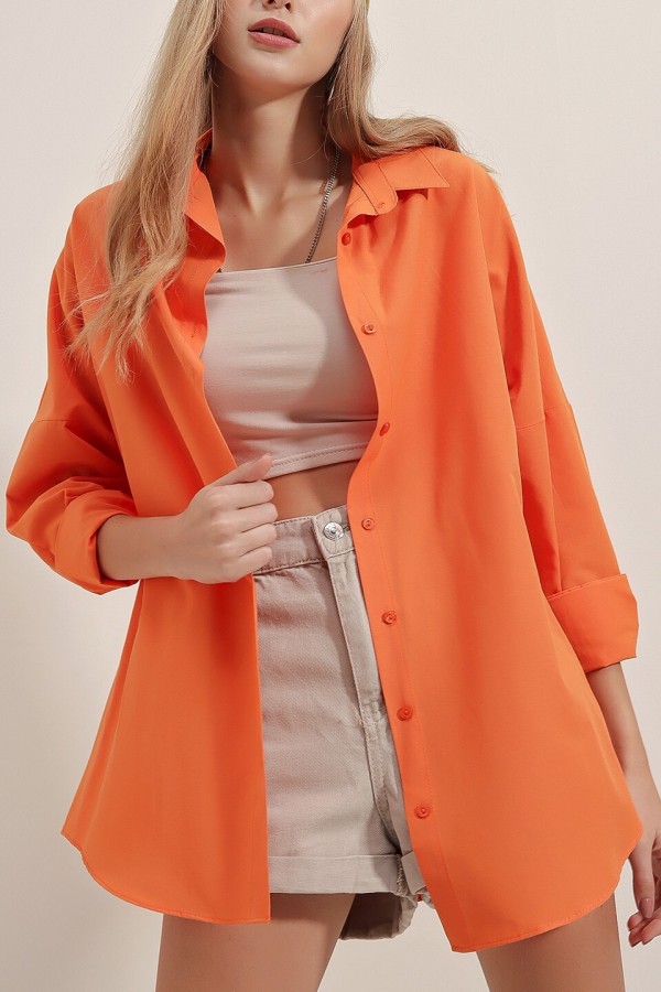3900 Oversize Uzun Basic Gömlek - Turuncu