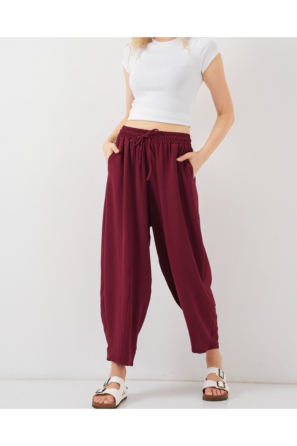6591 Dokuma Şalvar Pantolon - Bordo