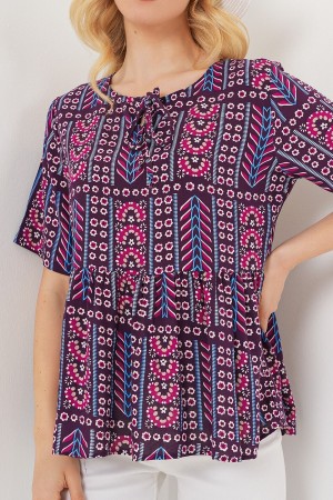 Kadın Desenli Kısa Kol Bluz 969 - Bordo
