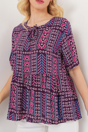 Kadın Desenli Kısa Kol Bluz 969 - Bordo
