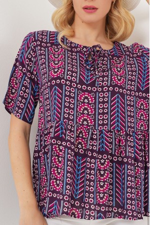 Kadın Desenli Kısa Kol Bluz 969 - Bordo
