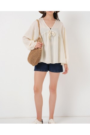 Kadın Önü Bağcıklı Uzun Kol Bluz 946 - Krem