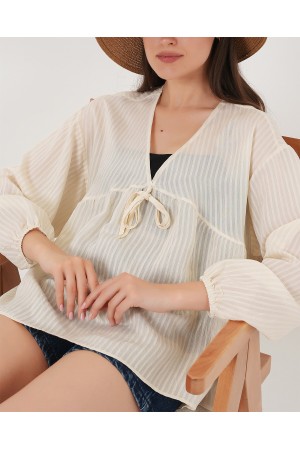 Kadın Önü Bağcıklı Uzun Kol Bluz 946 - Krem
