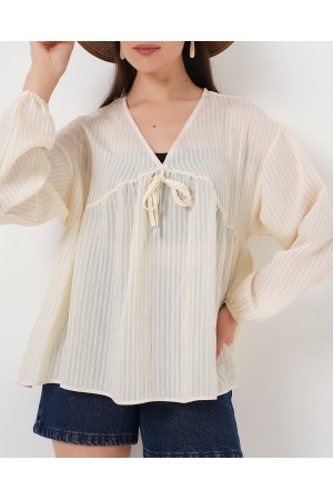 Kadın Önü Bağcıklı Uzun Kol Bluz 946 - Krem