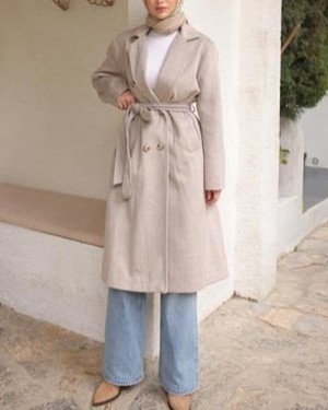 Belden Bağcıklı Kruvaze Ceket Yaka Uzun Kaşe Kaban 