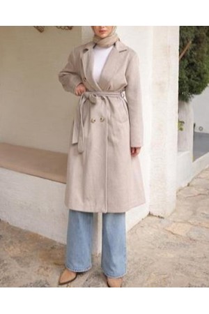 Belden Bağcıklı Kruvaze Ceket Yaka Uzun Kaşe Kaban 