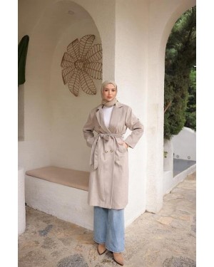 Belden Bağcıklı Kruvaze Ceket Yaka Uzun Kaşe Kaban 