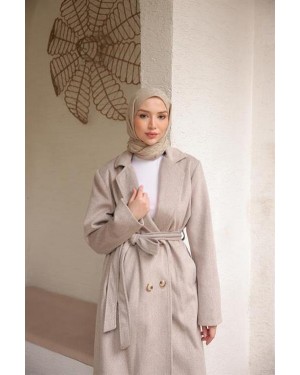 Belden Bağcıklı Kruvaze Ceket Yaka Uzun Kaşe Kaban 