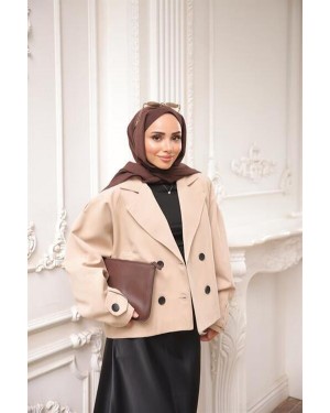 Kruvaze Ceket Yaka Cepli Kısa Trençkot 