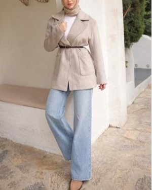 Belden Kemerli Cepli Ceket Yaka Kısa Kaşe Kaban 