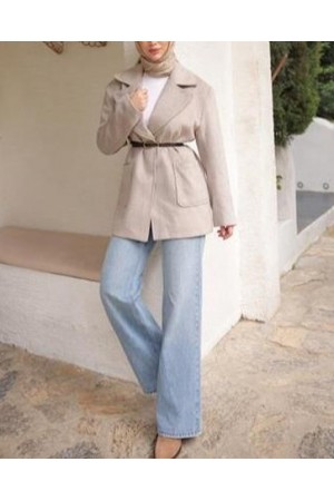 Belden Kemerli Cepli Ceket Yaka Kısa Kaşe Kaban 