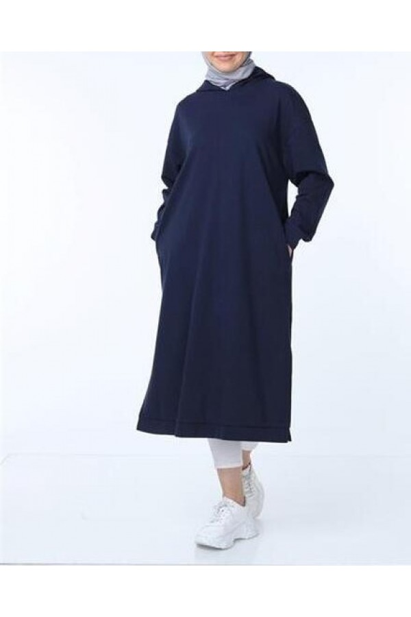 Atlas Kapşonlu Uzun Sade Basic Sweatshirt 