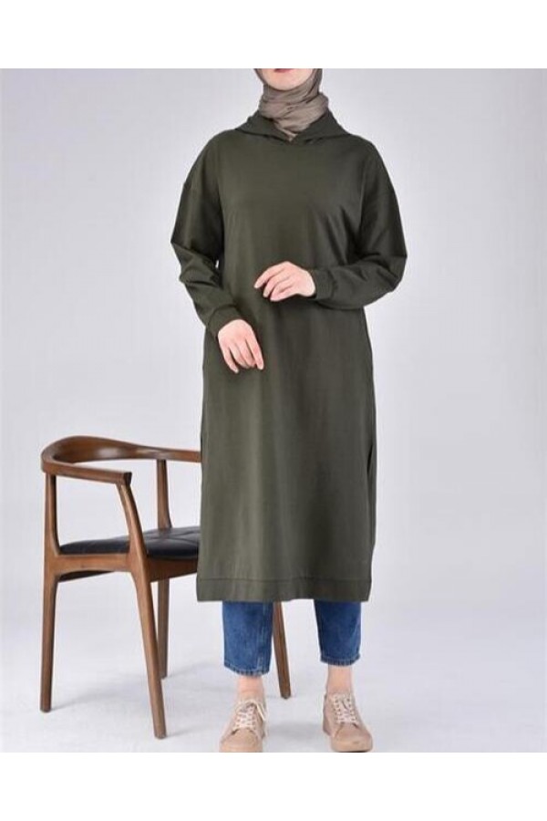 Atlas Kapşonlu Uzun Sade Basic Sweatshirt 