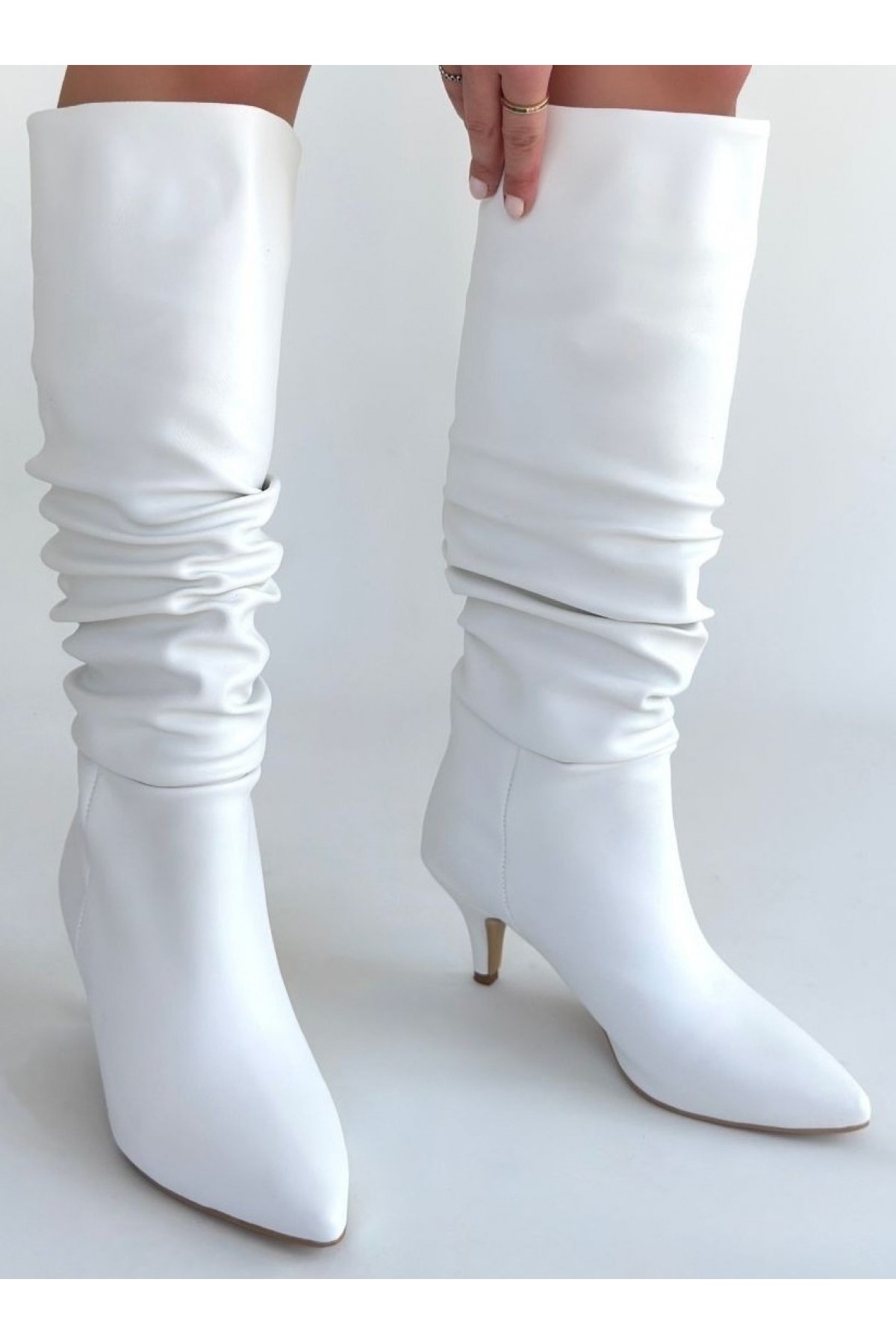 Zelya White Leather Heeled Boots