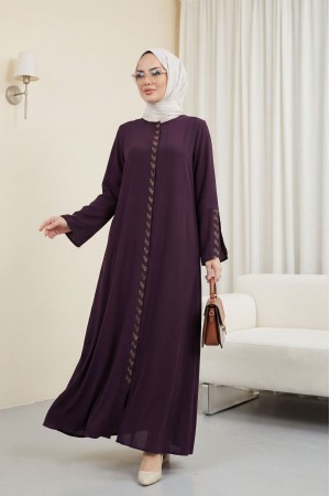 Büyük Beden Taş Detaylı Mürdüm Ferace