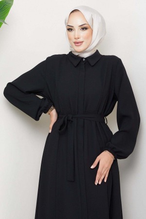 Gömlek Yaka Kuşaklı Ferace Siyah HM2253