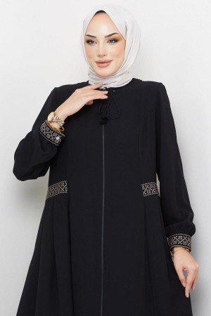 Nakışlı Büyük Beden Ferace Siyah HM2280
