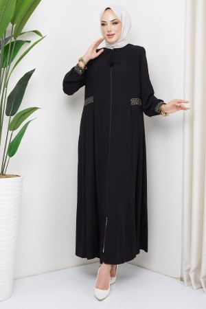 Nakışlı Büyük Beden Ferace Siyah HM2280