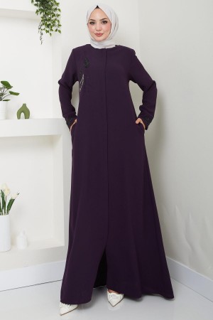 Hüma Stone Detailed Abaya, Plum HM2479