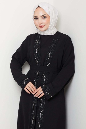 Kuşaklı Taş Detaylı Abaya Siyah HM2803