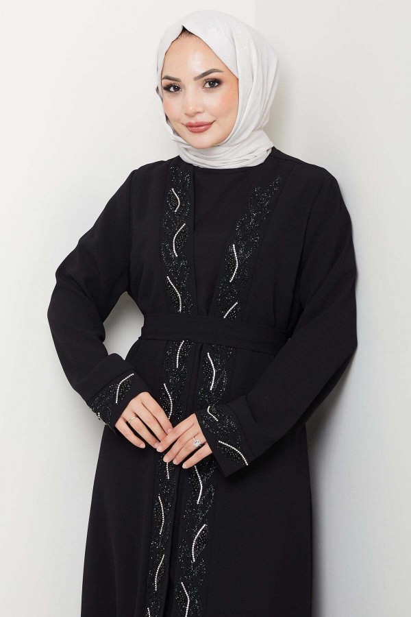 Kuşaklı Taş Detaylı Abaya Siyah HM2803