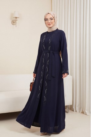 Kuşaklı Taş Detaylı Abaya Lacivert HM2803